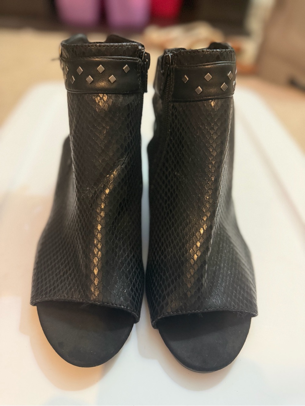BareTraps Black Peep-Toe Studded Snake-Embossed Mules